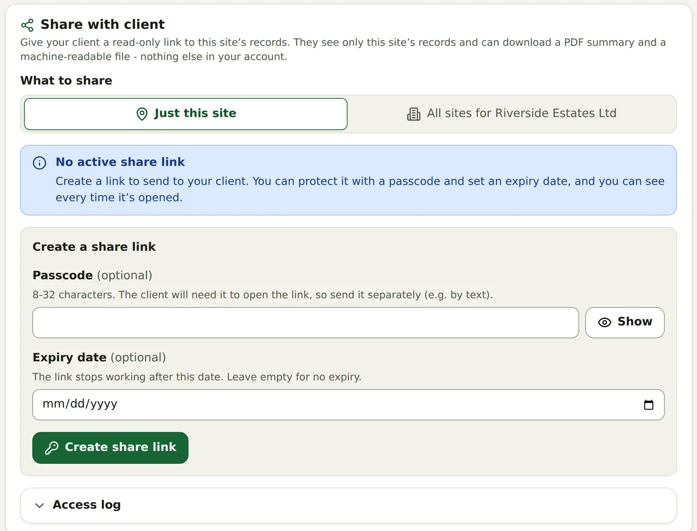 Sprayfolio share with client panel with passcode, expiry date and access log