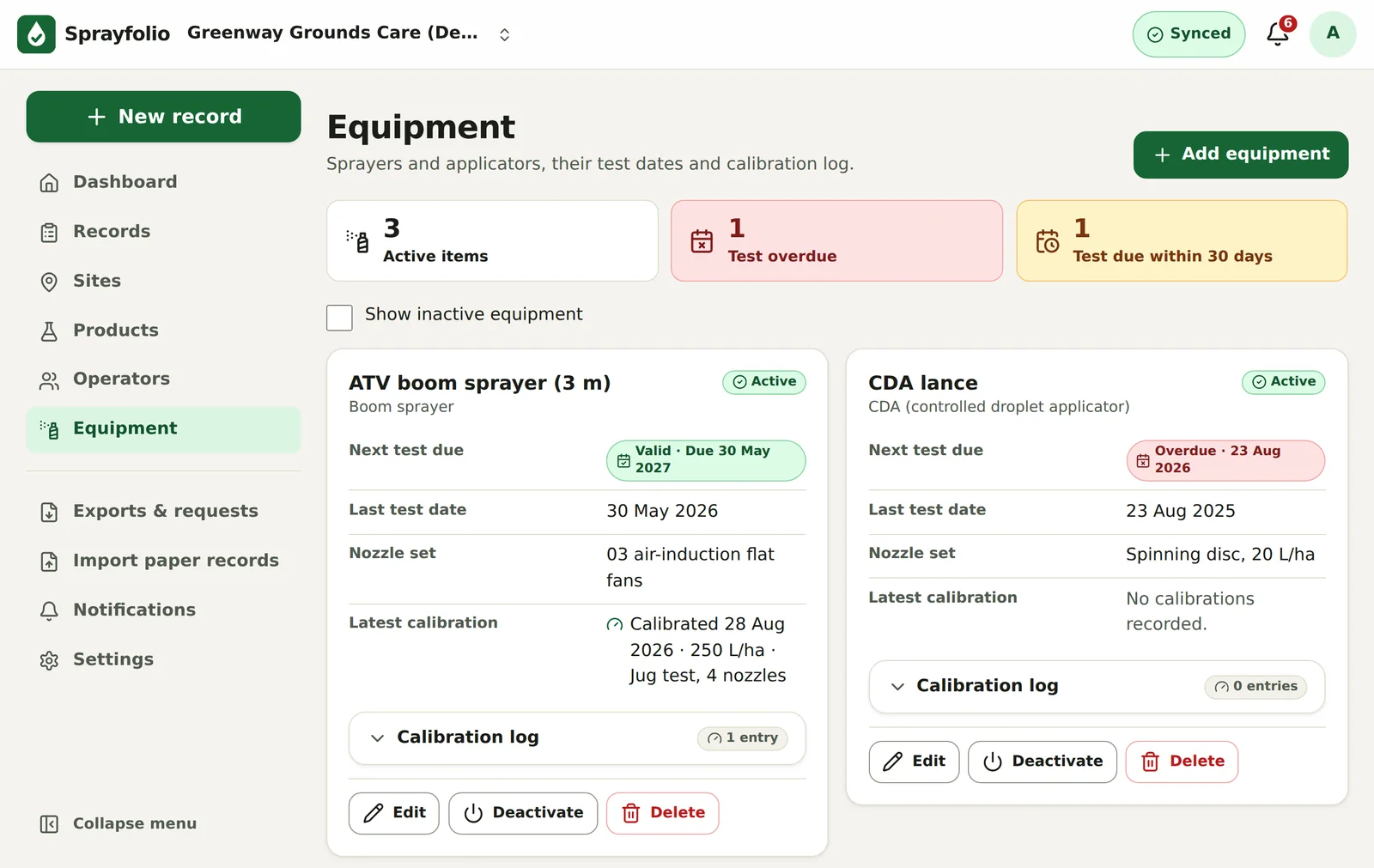 Sprayfolio equipment register showing sprayer test dates, overdue tests and calibration log